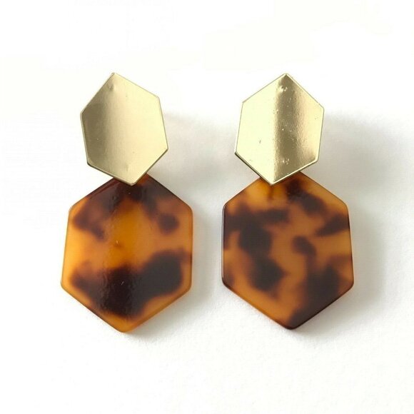 Claudette Resin Drop Earrings Gold Blond Tortoise Post Back - Picture 1 of 2